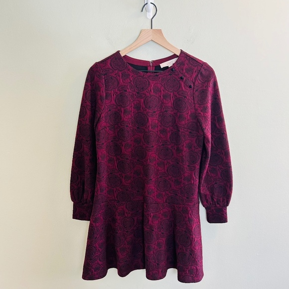 LOFT Long Sleeve Knit Dress Size Small Burgundy Red Floral Cuff Crew Neck Winter - Picture 1 of 7